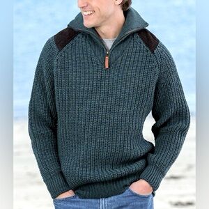 Aran Sweater Market 100% Wool Fisherman’s Half-Zip Sweater Moss Green Size Small